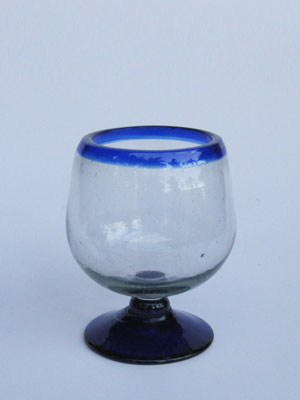 MEXICAN GLASSWARE / Cobalt Blue Rim 8 oz Cognac Glasses (set of 6) / Enjoy cognac or any other liquor straight with these stemless balloon glasses. They come adorned with a classy cobalt blue rim. 